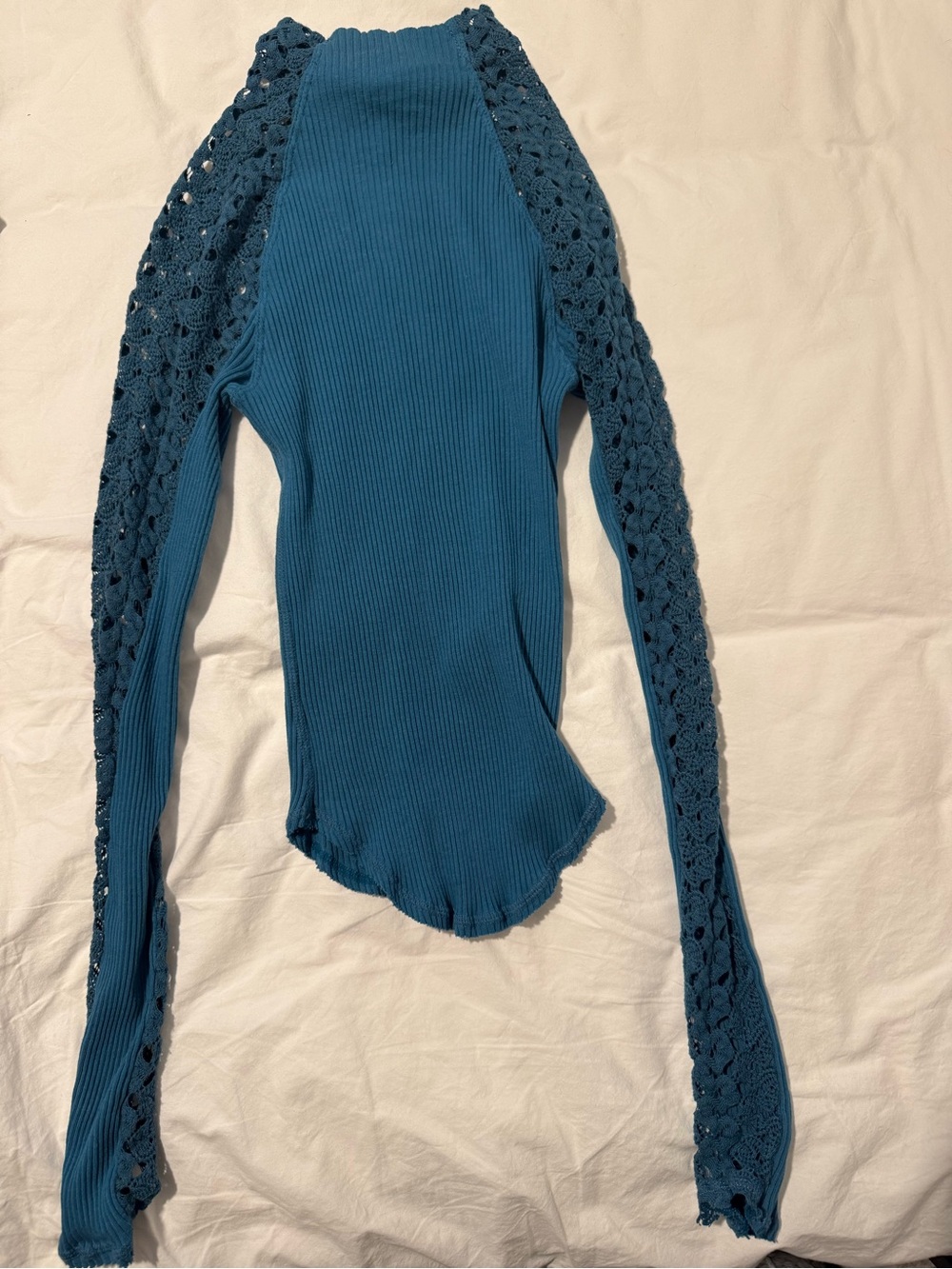 Free People Teal Ribbed Long Sleeve Top with Crochet Lace Sleeves
